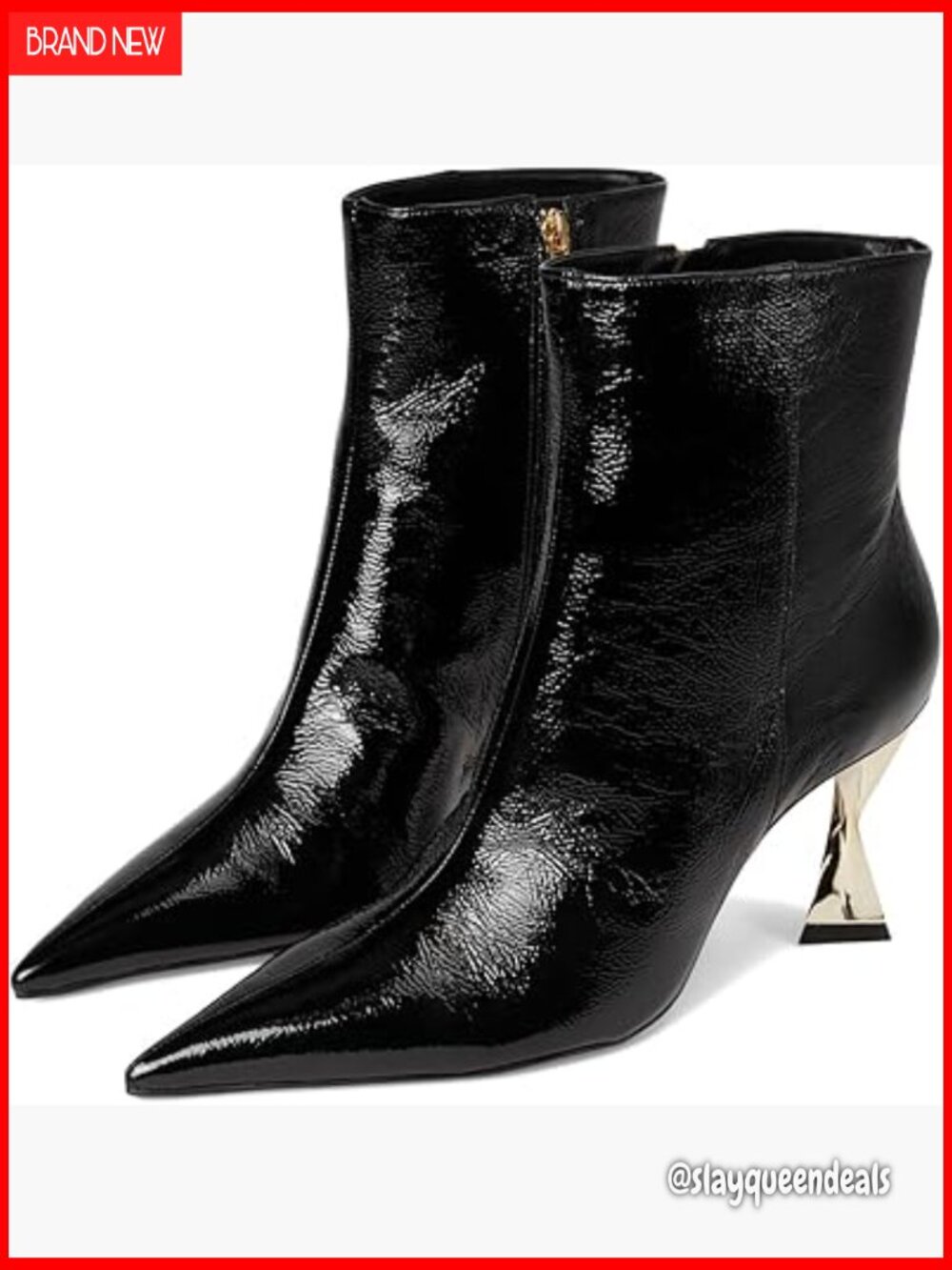 Patent Leather Ankle Booties with Architectural Heel, Gold Toned Details